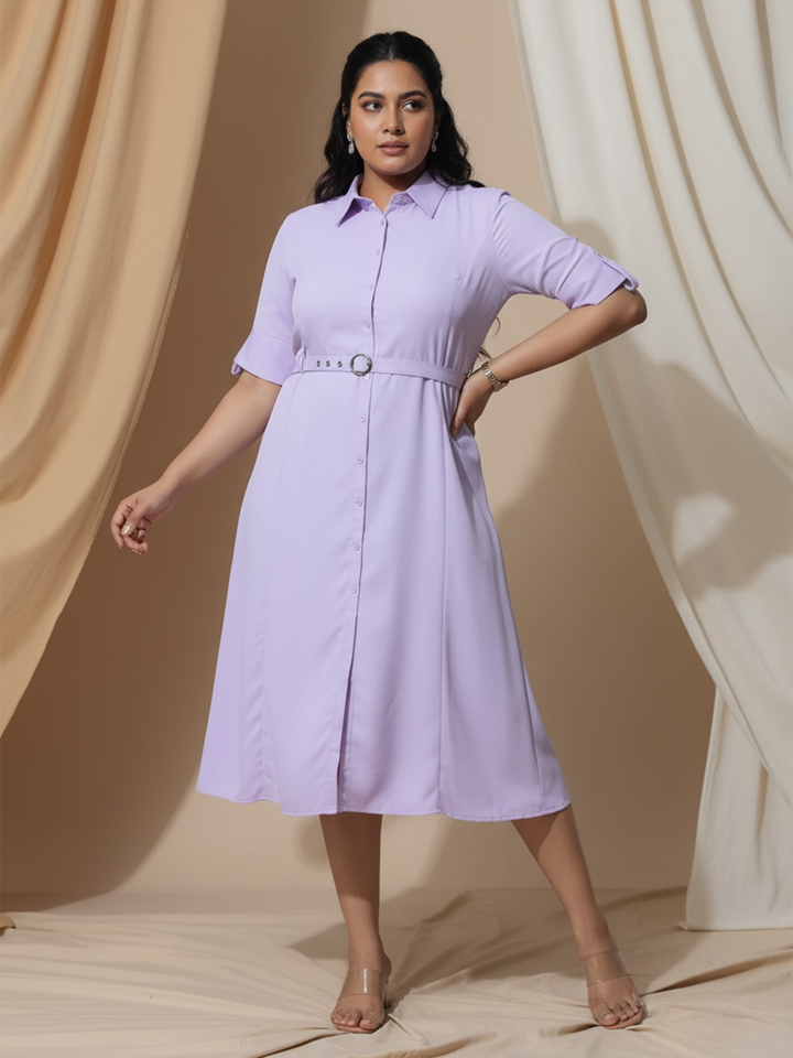 Polyester Collared Neck Lilac Plus Size Party Wear Dress