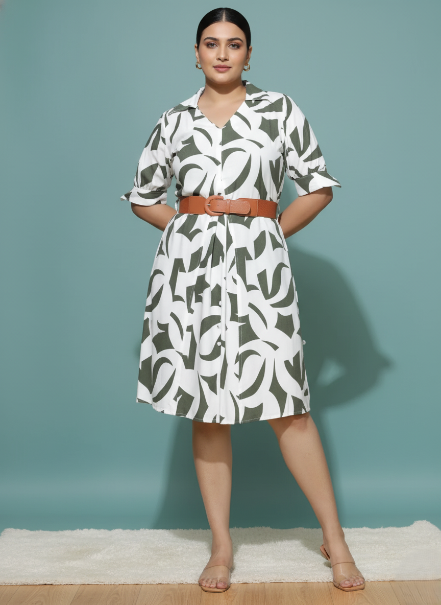 Plus Size Dress – Cotton Linen Collared Neck Bottle Green