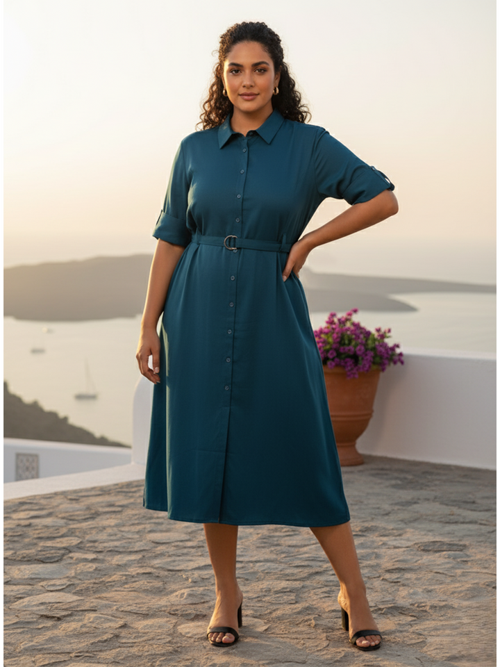 Plus Size Dress – Polyester Collared Neck in Steel Blue