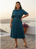 Plus Size Dress – Polyester Collared Neck in Steel Blue