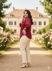 Maroon Polyester Blend Plus Size Top with Round Neck