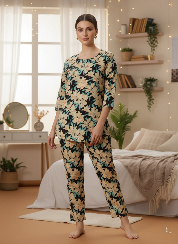 Black Floral Cotton Pajama Set for Women Soft & Breathable Loungewear