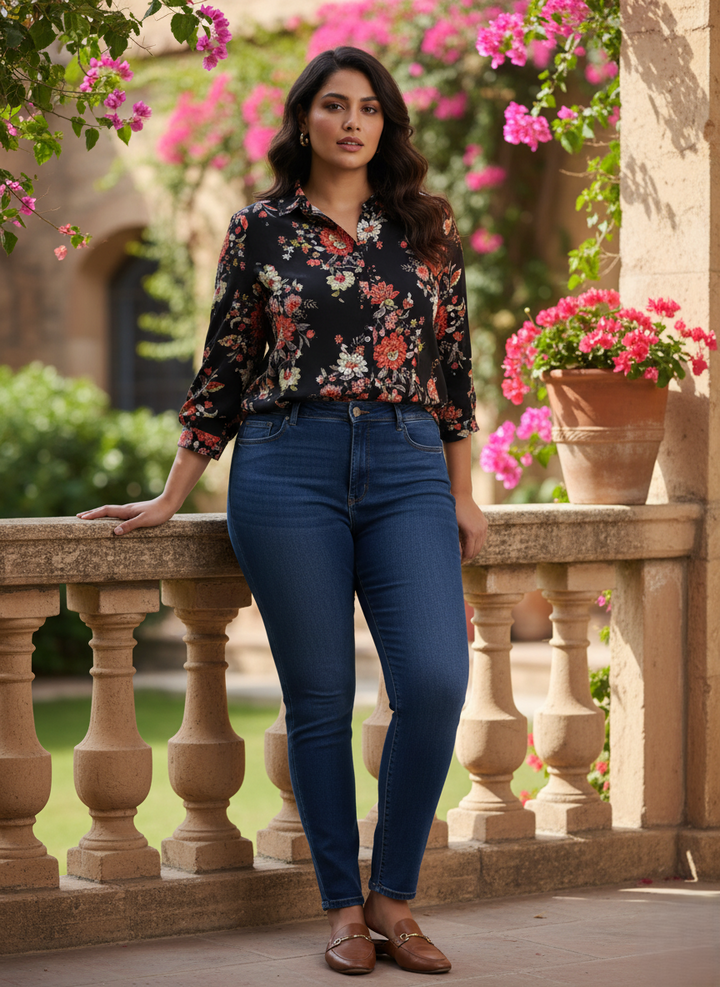 Black Viscose Plus Size Top with Collar Neck