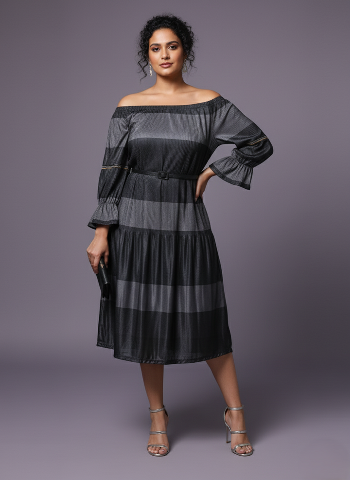 Plus Size Lycra Midi Dress For Women With 3/4 Sleeves