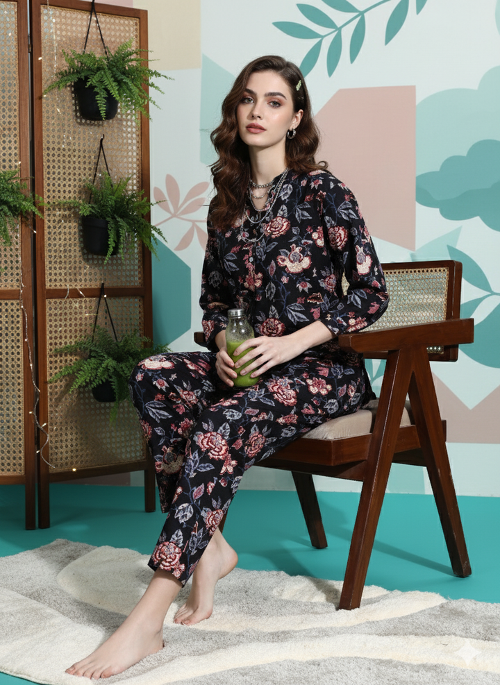 Midnight Black Floral Cotton Pyjama Set for Women Buy Today