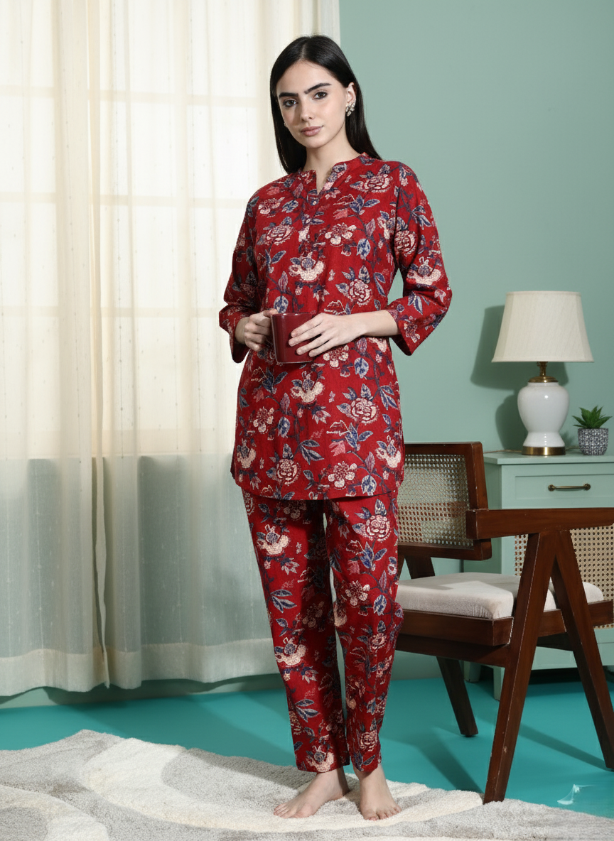 Shop Ruby Red Printed Cotton Pajama Set for Women Online – 9shines label