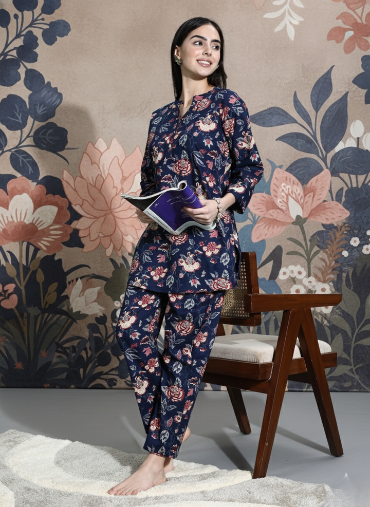 Navy Blue Printed Cotton Pyjama Set for Women Explore Comfort
