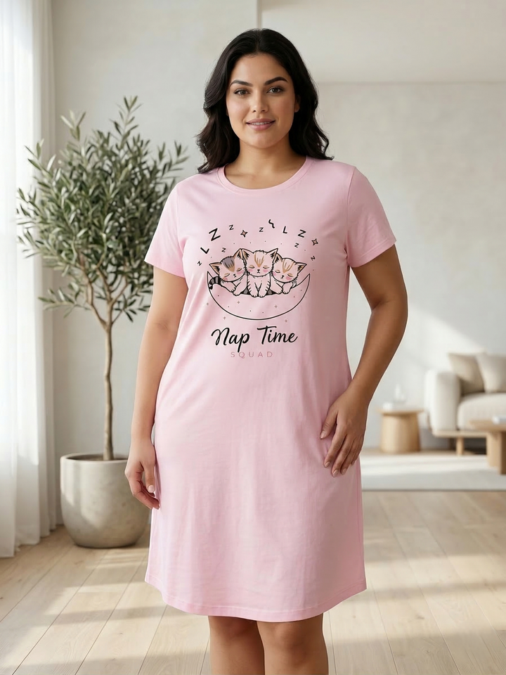 Baby Pink Cotton Short Nighty for Women Knee Length Plus Size