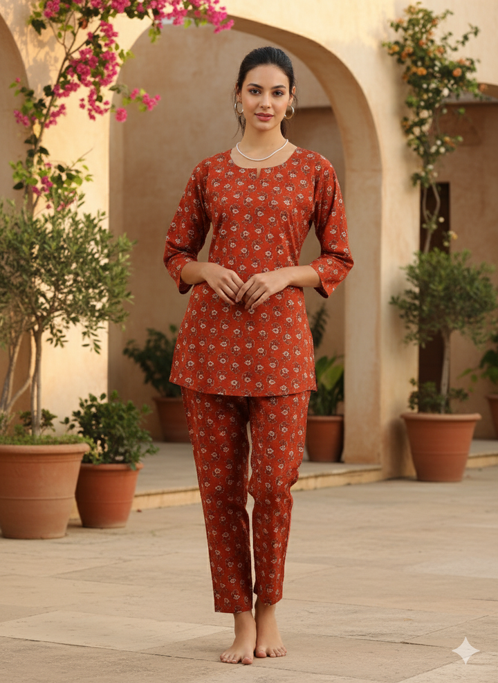 Elegant Brown Cotton Pyjama Set for Women Relaxed Fit Nightwear