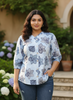 Blue Premium Cotton Blend Plus Size Top with V Neck