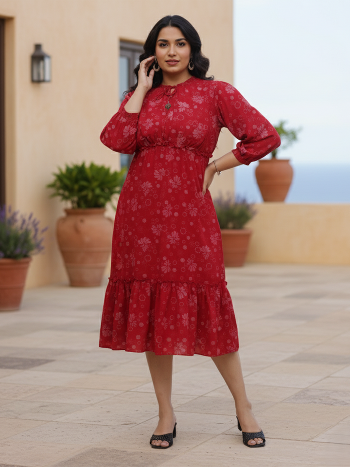 Polyester Floral Printed Red Plus Size Dress