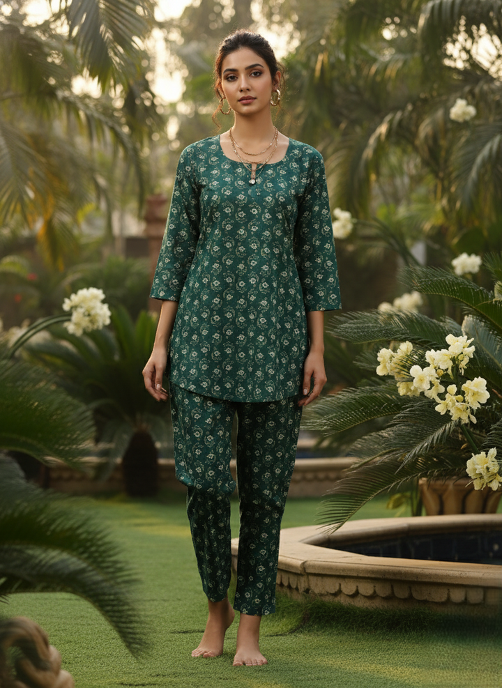 Pine Green Cotton Pyjama Set for Women Cozy and Breathable Sleepwear