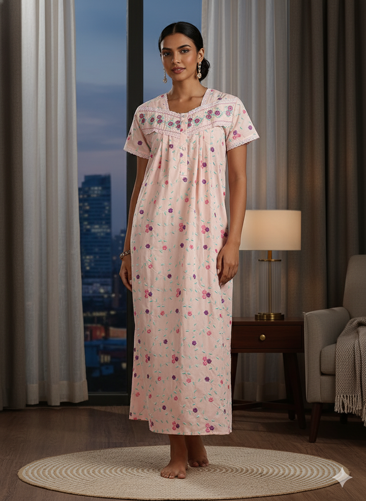 Sitarah Edit – Pure Cotton Peach Blossom Nightdress with Silk Phulkari Work