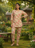 Pink Floral Cotton Pajama Set for Women Relaxed Fit Nightwear