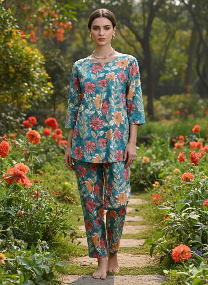 Teal Blue Printed Cotton Pajama Set for Women Cozy Nightwear