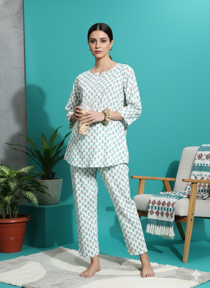 White Blue Pure Cotton Pyjama Set for Women Comfortable Nightwear