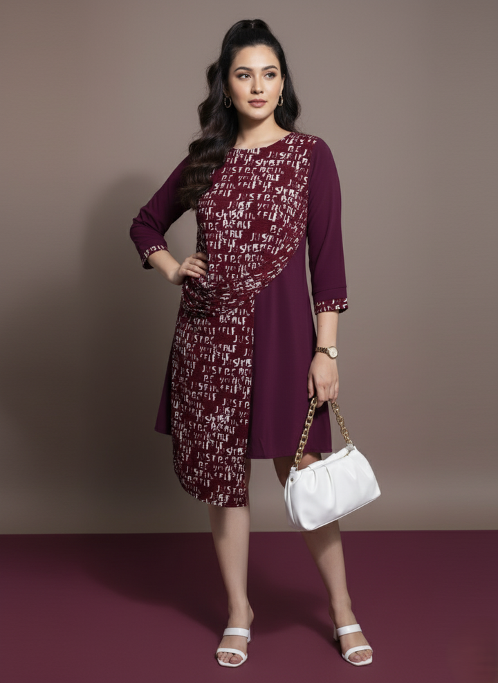 Nylon Round Neck Dress Maroon & White