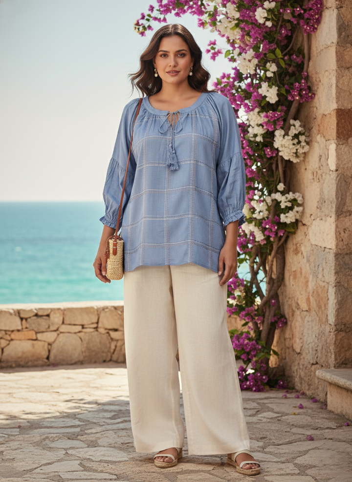 Blue Rayon Top for Women with Floral Embroidery and Lace