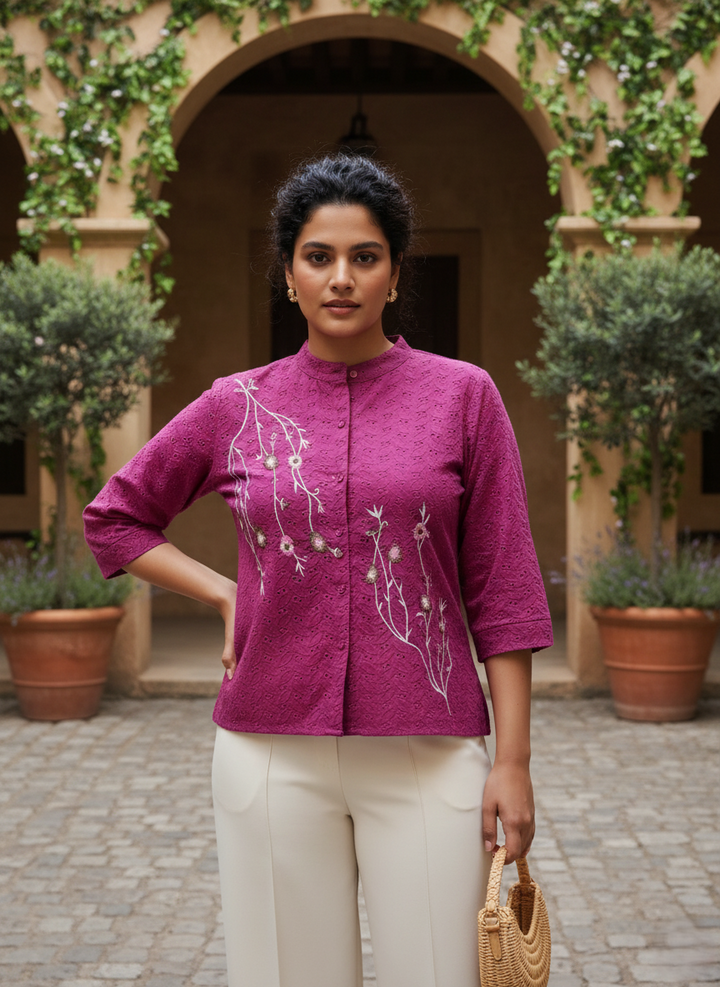 Violet Cotton Plus Size Top with Floral Embroidery