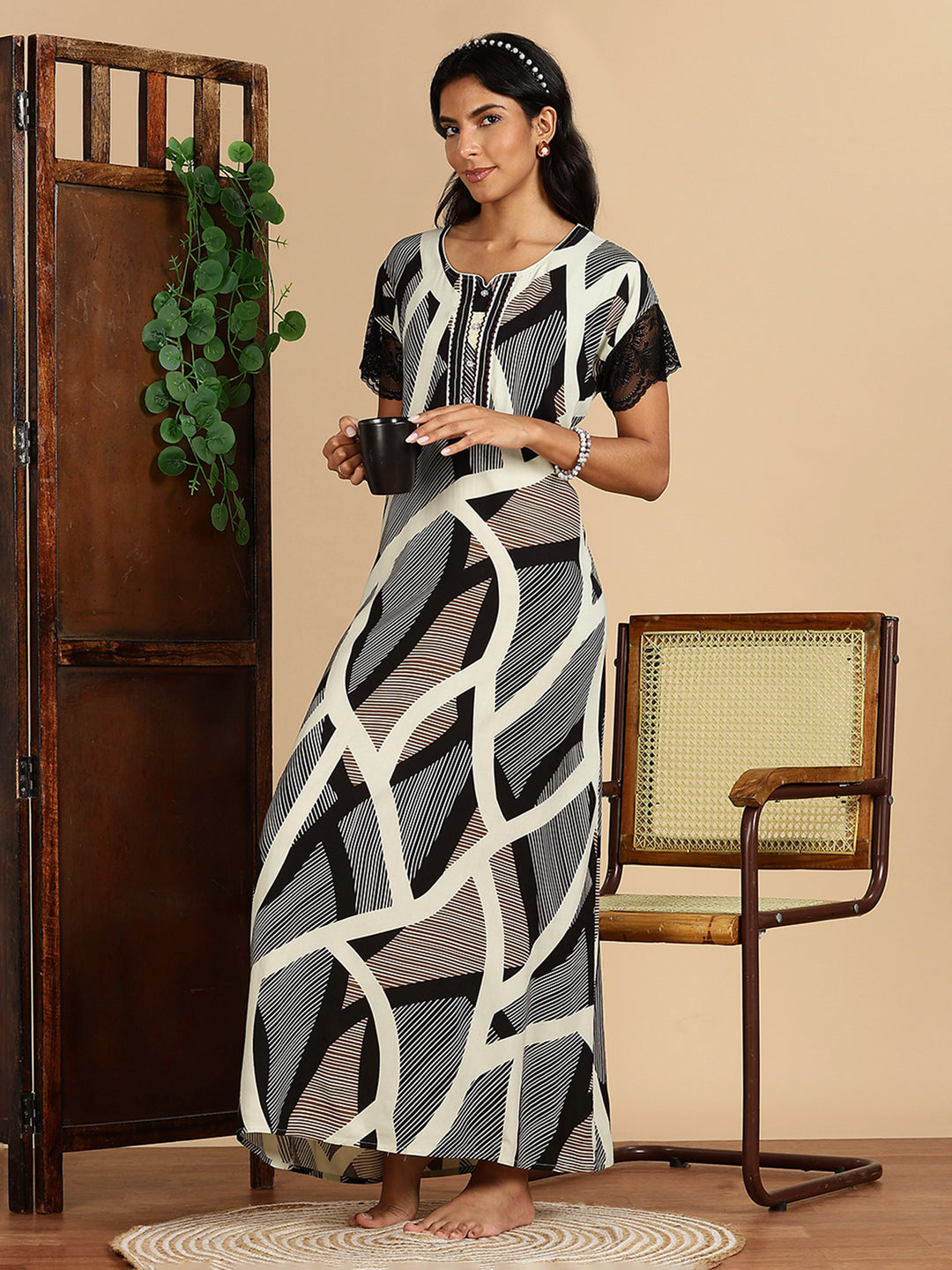 Geometric Print Rayon Nighty For Women with Lace Sleeves