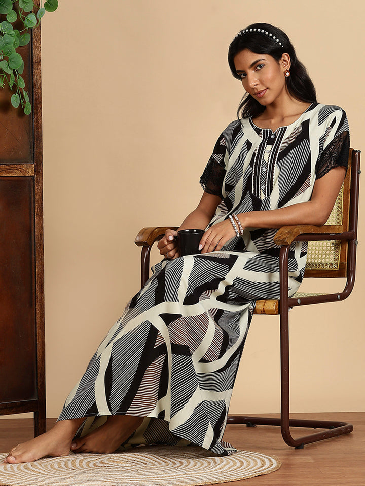 Geometric Print Rayon Nighty For Women with Lace Sleeves
