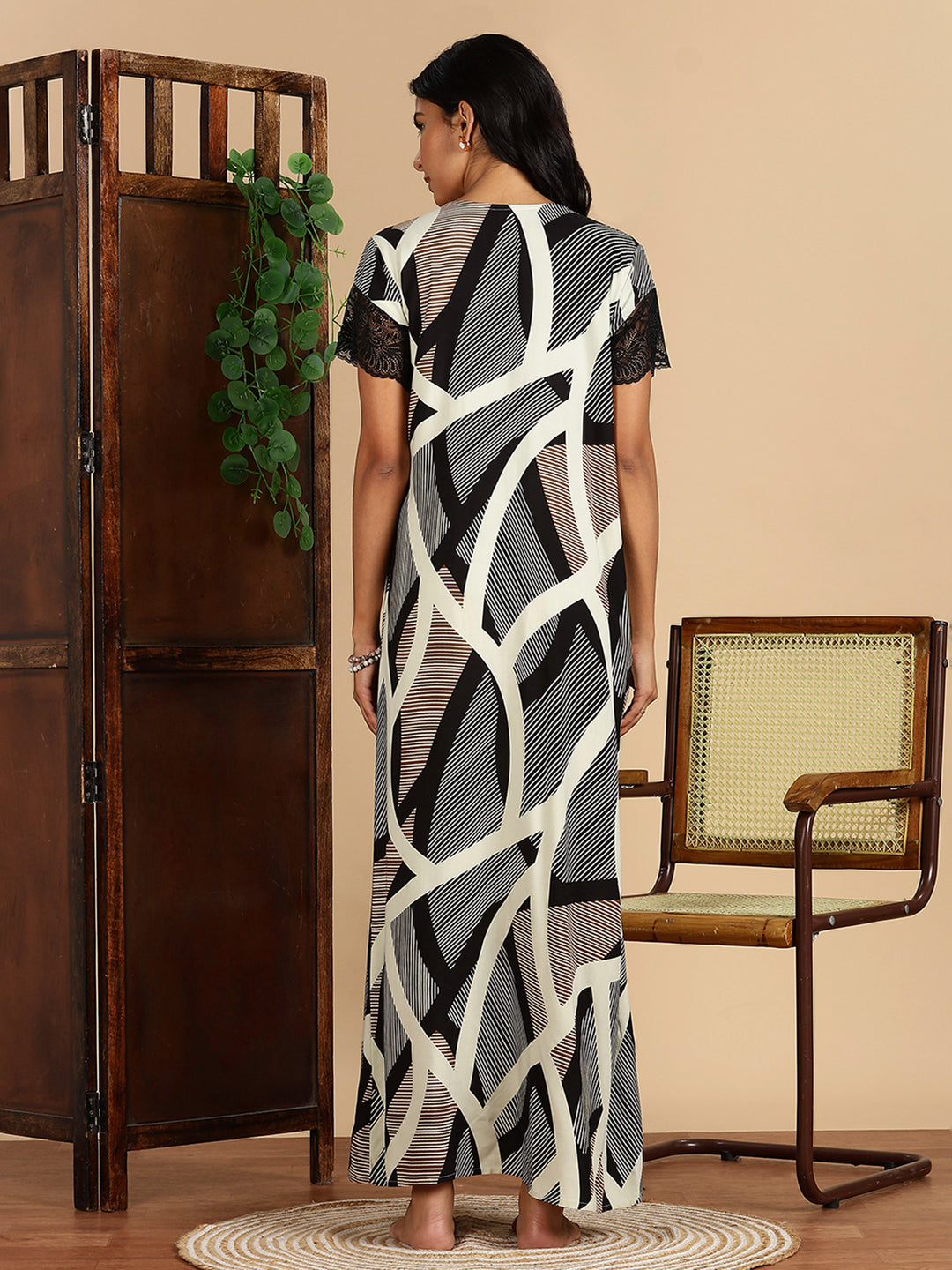 Geometric Print Rayon Nighty For Women with Lace Sleeves