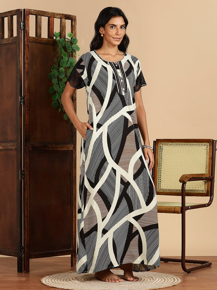 Geometric Print Rayon Nighty For Women with Lace Sleeves