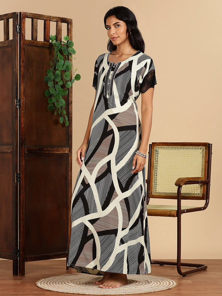 Geometric Print Rayon Nighty For Women with Lace Sleeves