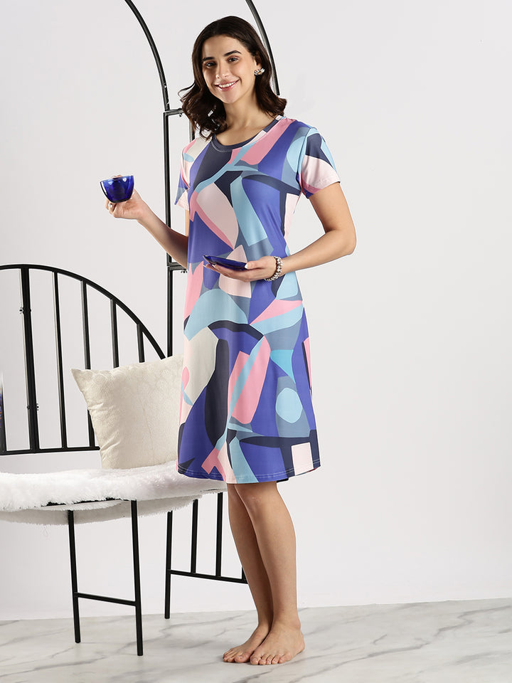 Gloss Malai Abstract Blue Printed Short Nighty for Women
