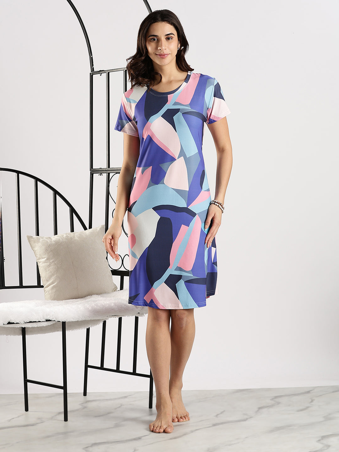 Gloss Malai Abstract Blue Printed Short Nighty for Women