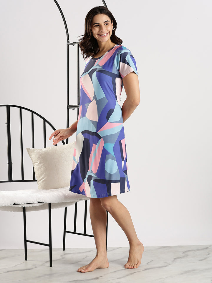 Gloss Malai Abstract Blue Printed Short Nighty for Women