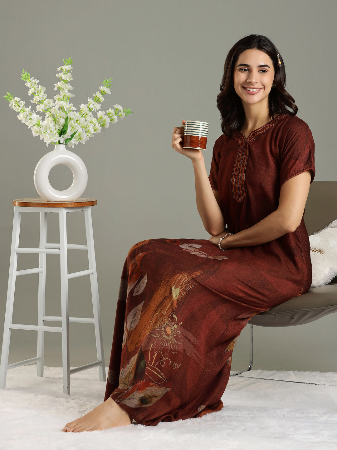 Alpine Fabric Golden Brown Floral Print Ladies Nighty Dress