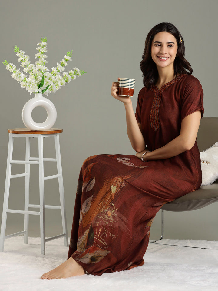 Alpine Fabric Golden Brown Floral Print Ladies Nighty Dress