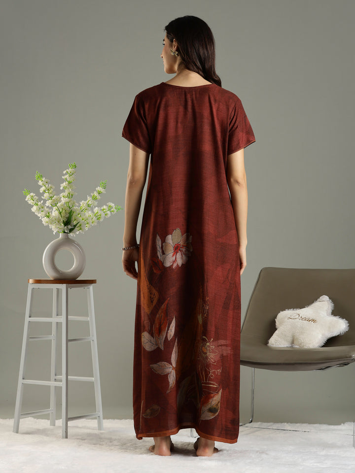 Alpine Fabric Golden Brown Floral Print Ladies Nighty Dress