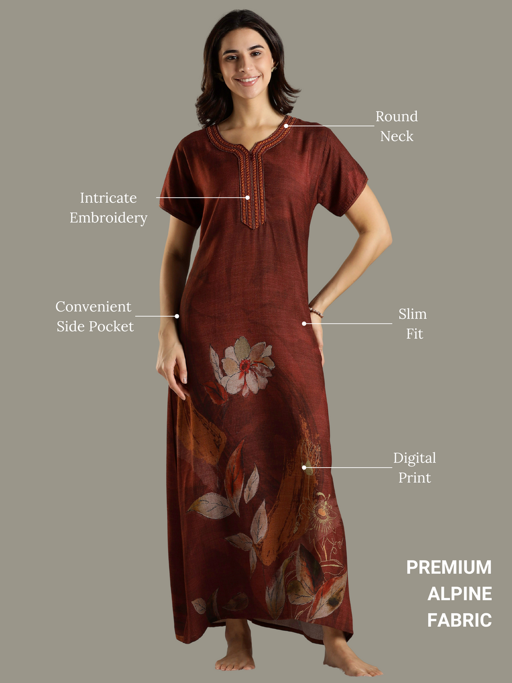 Alpine Fabric Golden Brown Floral Print Ladies Nighty Dress