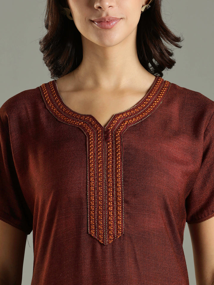 Alpine Fabric Golden Brown Floral Print Ladies Nighty Dress