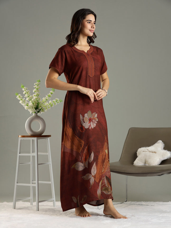 Alpine Fabric Golden Brown Floral Print Ladies Nighty Dress
