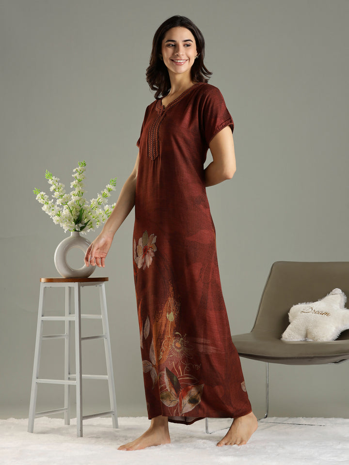 Alpine Fabric Golden Brown Floral Print Ladies Nighty Dress