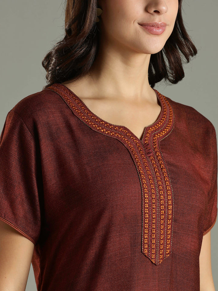 Alpine Fabric Golden Brown Floral Print Ladies Nighty Dress