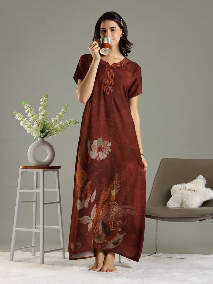 Alpine Fabric Golden Brown Floral Print Ladies Nighty Dress