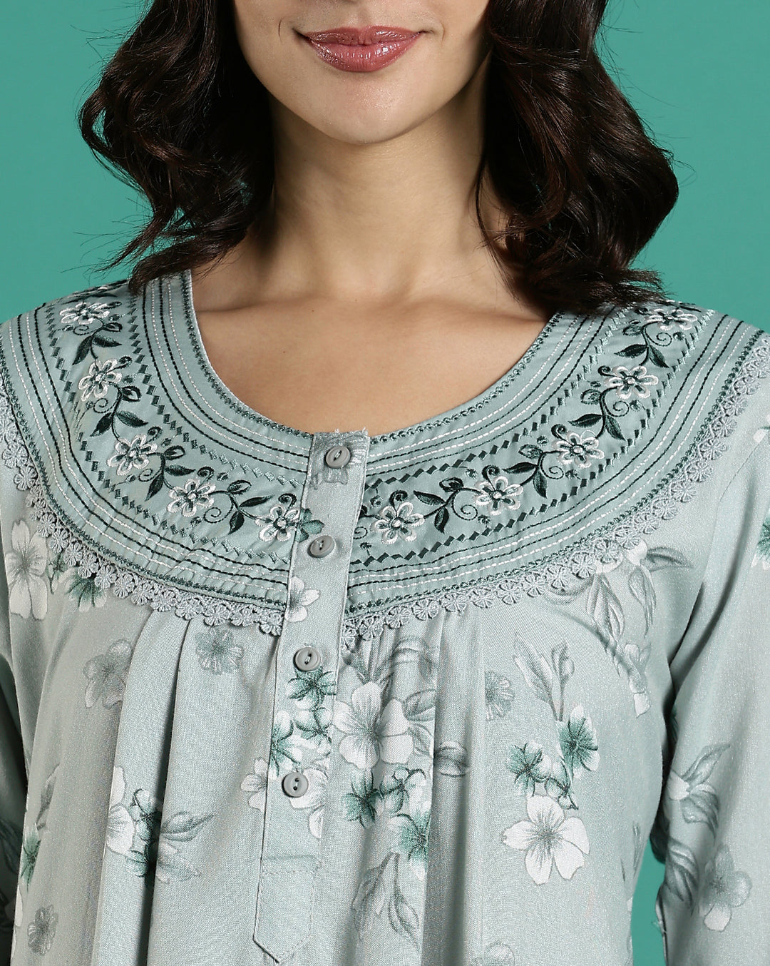 Fresh Grass Green Embroidered Alpine Nighty for Women