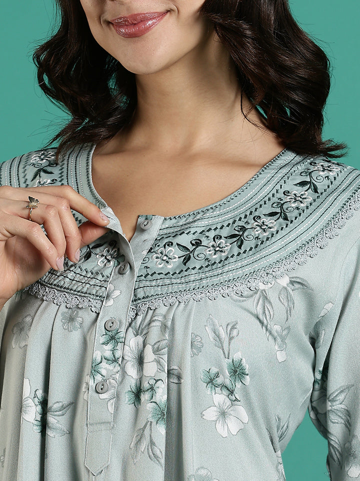 Fresh Grass Green Embroidered Alpine Nighty for Women