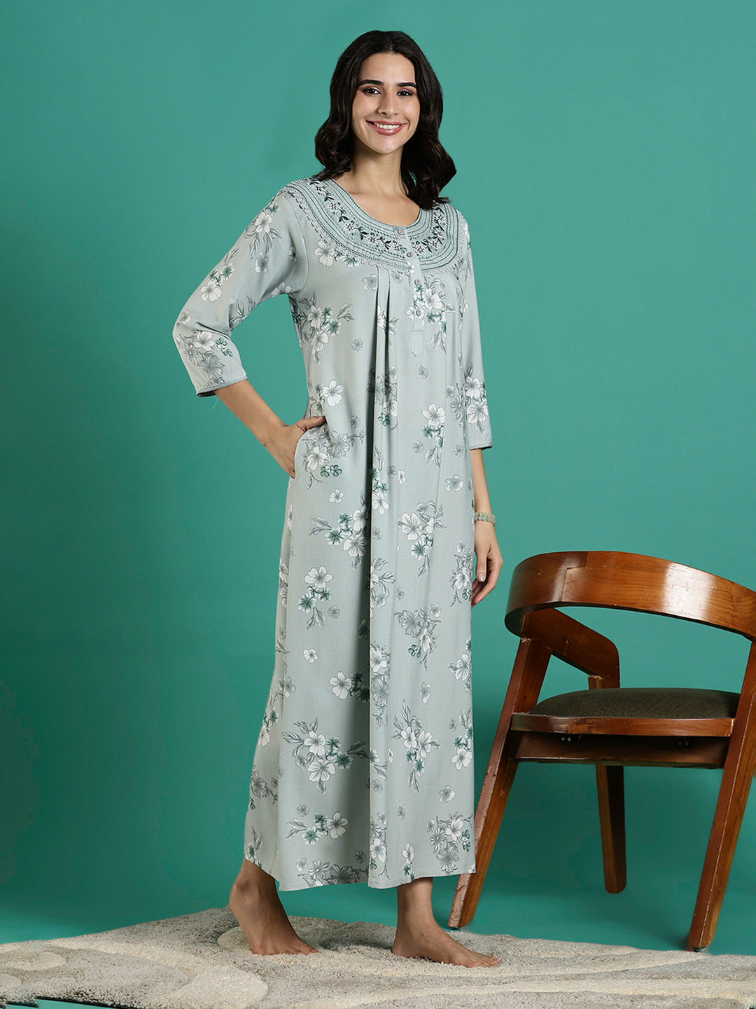 Fresh Grass Green Embroidered Alpine Nighty for Women