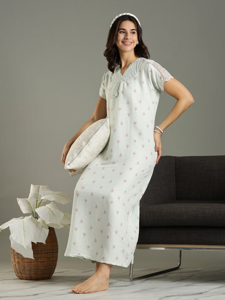 Comfortable Green Bamboo Cotton Women's Nighty Dress