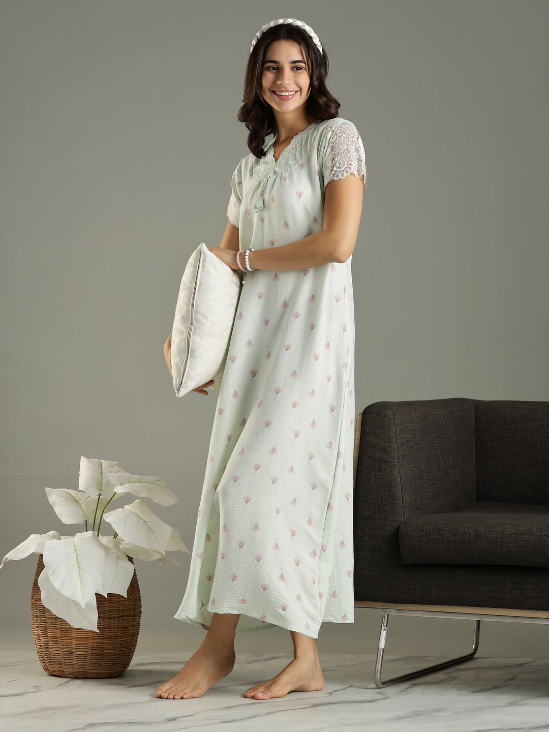 Comfortable Green Bamboo Cotton Women's Nighty Dress