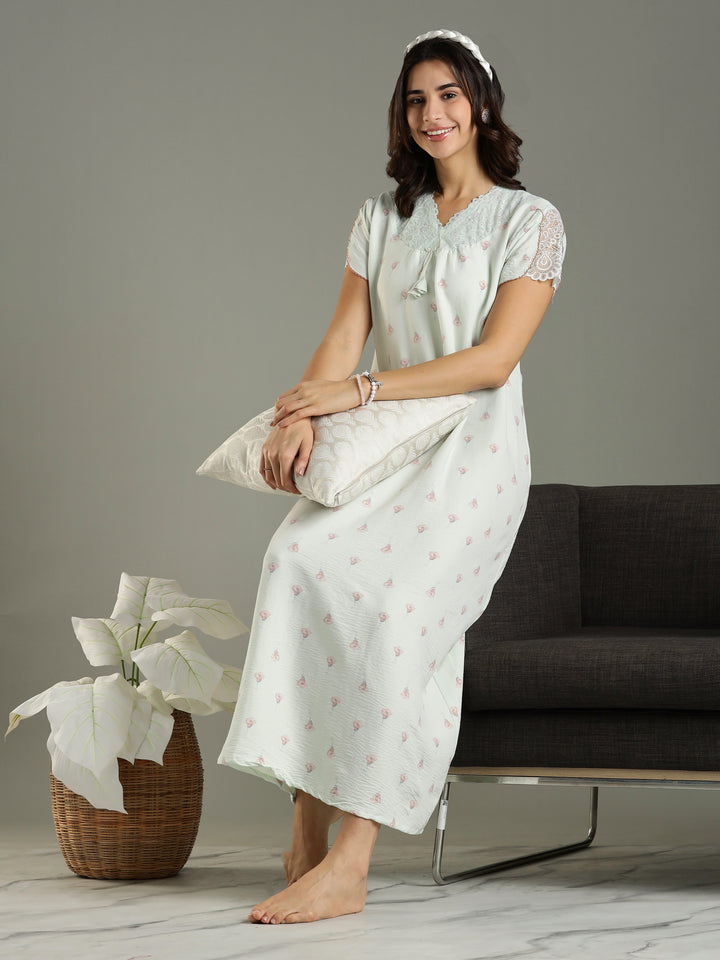 Comfortable Green Bamboo Cotton Women's Nighty Dress