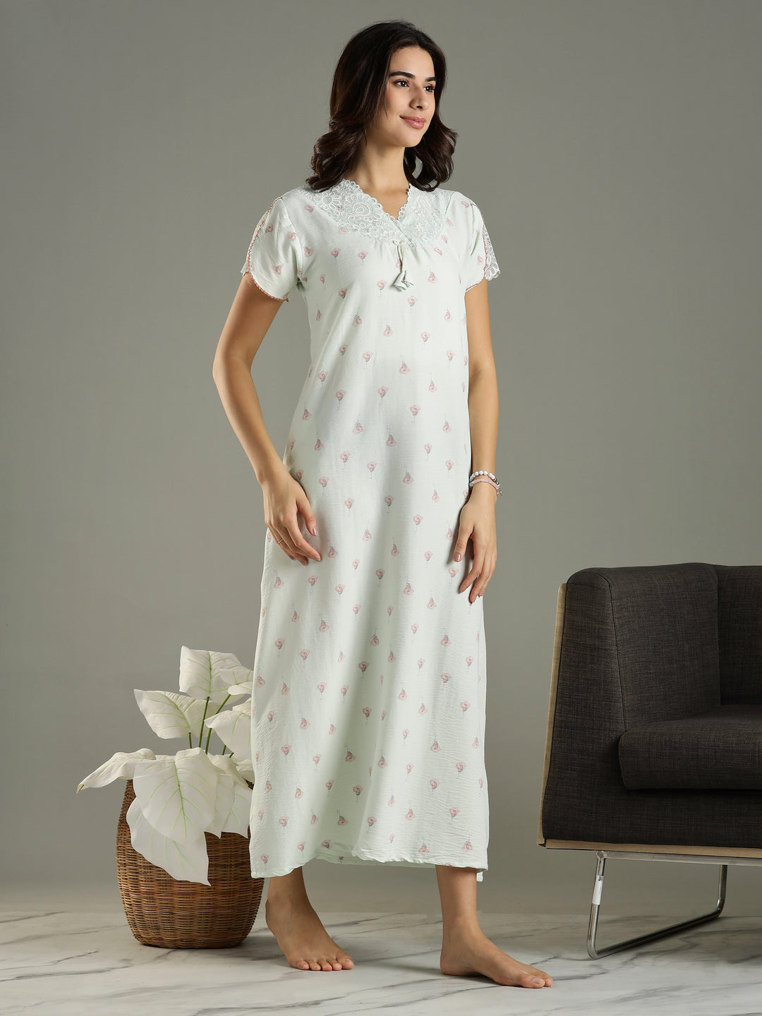 Comfortable Green Bamboo Cotton Women's Nighty Dress