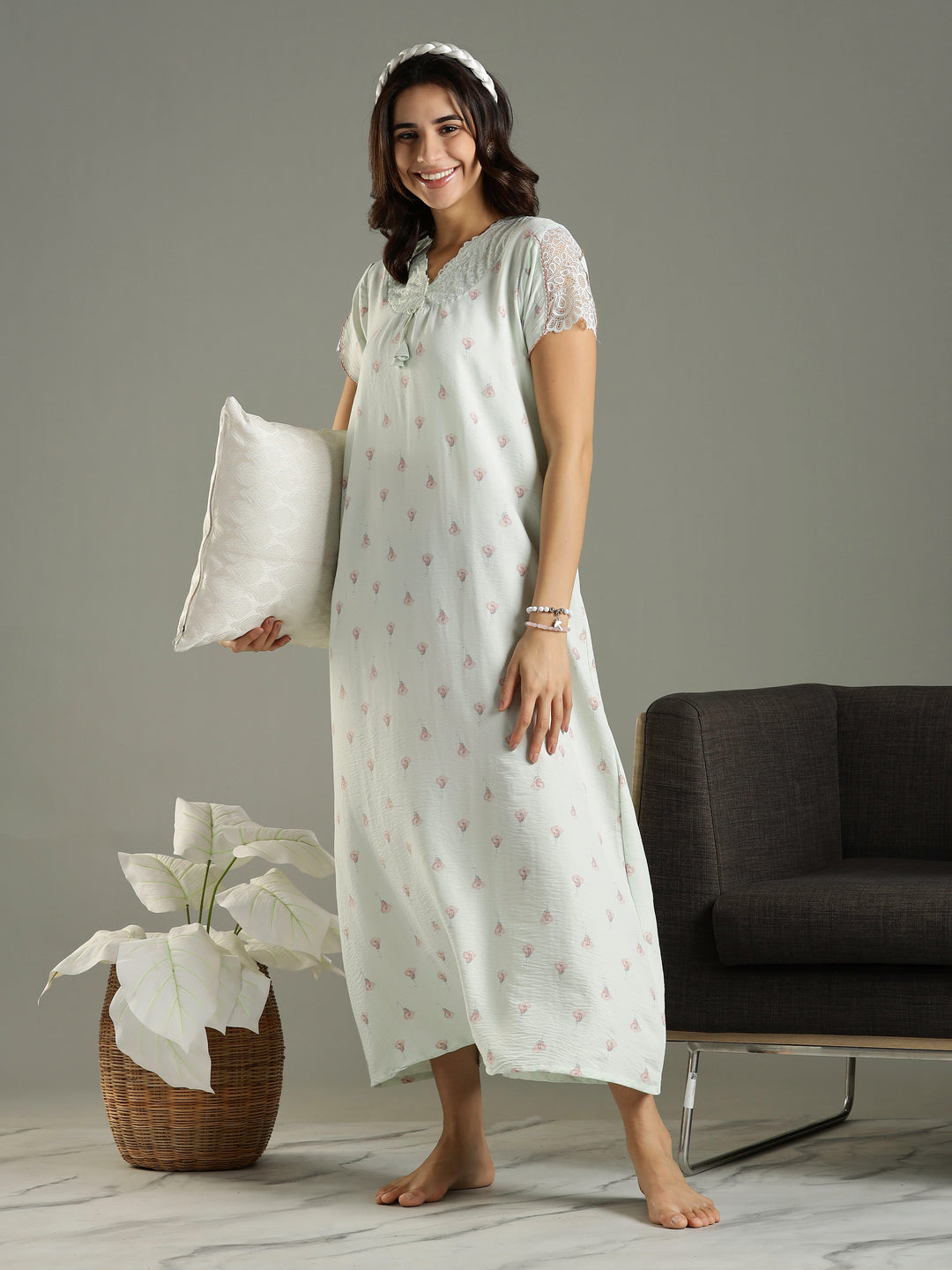 Comfortable Green Bamboo Cotton Women's Nighty Dress