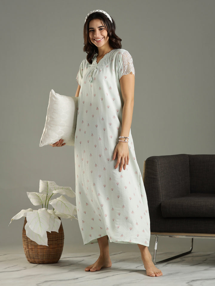 Comfortable Green Bamboo Cotton Women's Nighty Dress