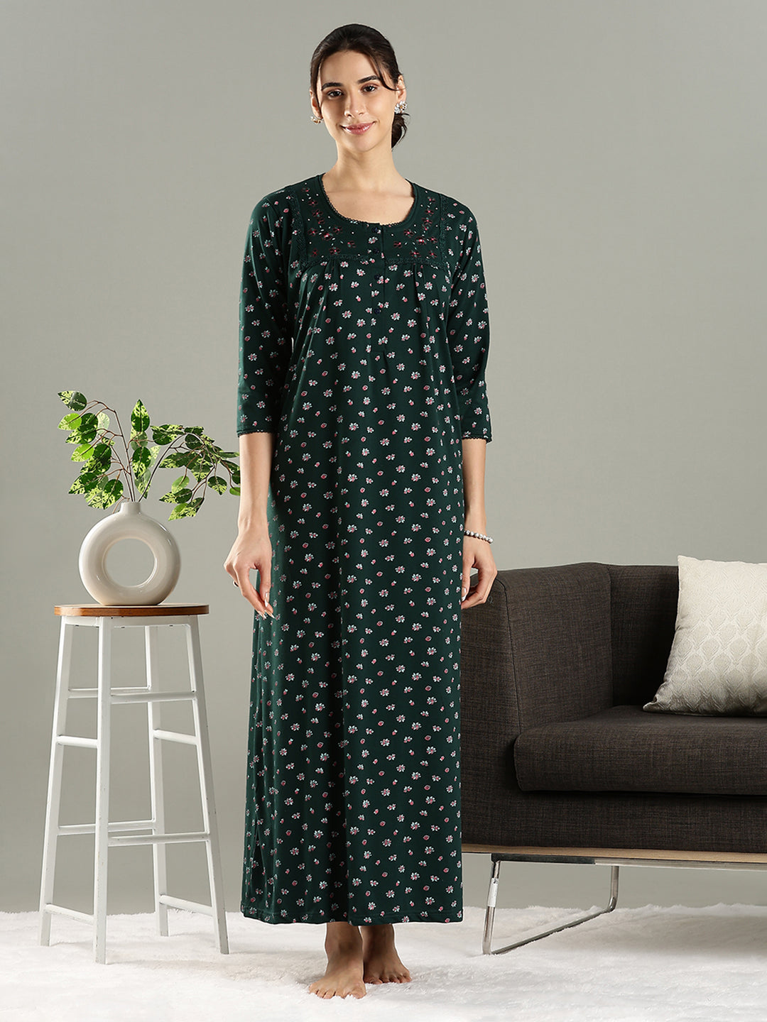 Branded Green Embroidered Cotton Blend Women's Nighty